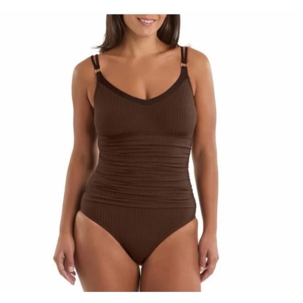 NWT Ellen Tracy 1-Piece Swimsuit Brown UPF 50+ Women's L Adjustable